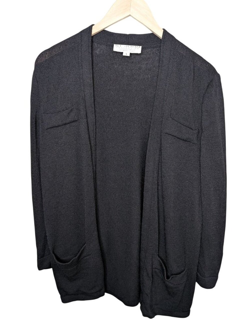 St. John Collection Black Santana Knit Open Front Cardigan 3 Button Sleeves